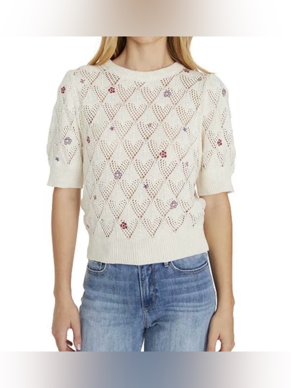 DRIFTWOOD Cream and Floral Embroidered Knit Short-Sleeve Cotton Sweater - Size S